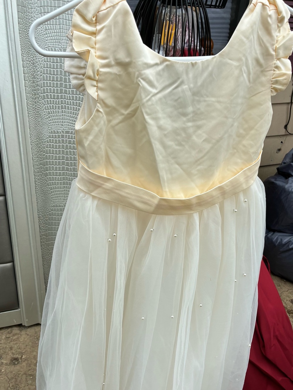 Ivory Cream Tulle Flower Girl Dress with Pearl Details